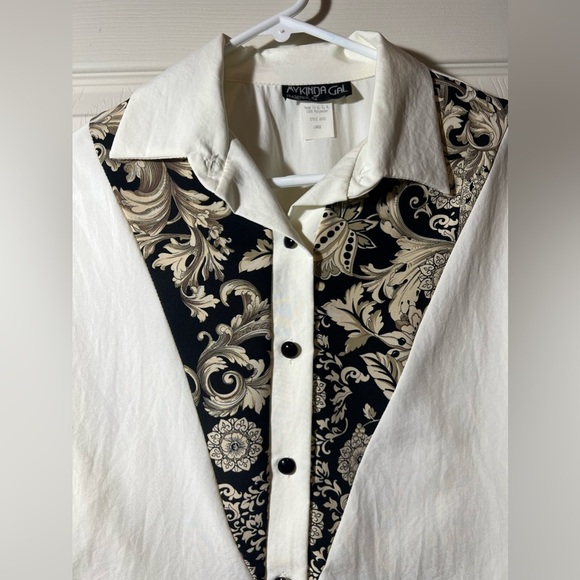 My Kinda Gal Vintage Cream Blouse Black Paisley Shoulder Pads Made in USA L - Picture 6 of 15